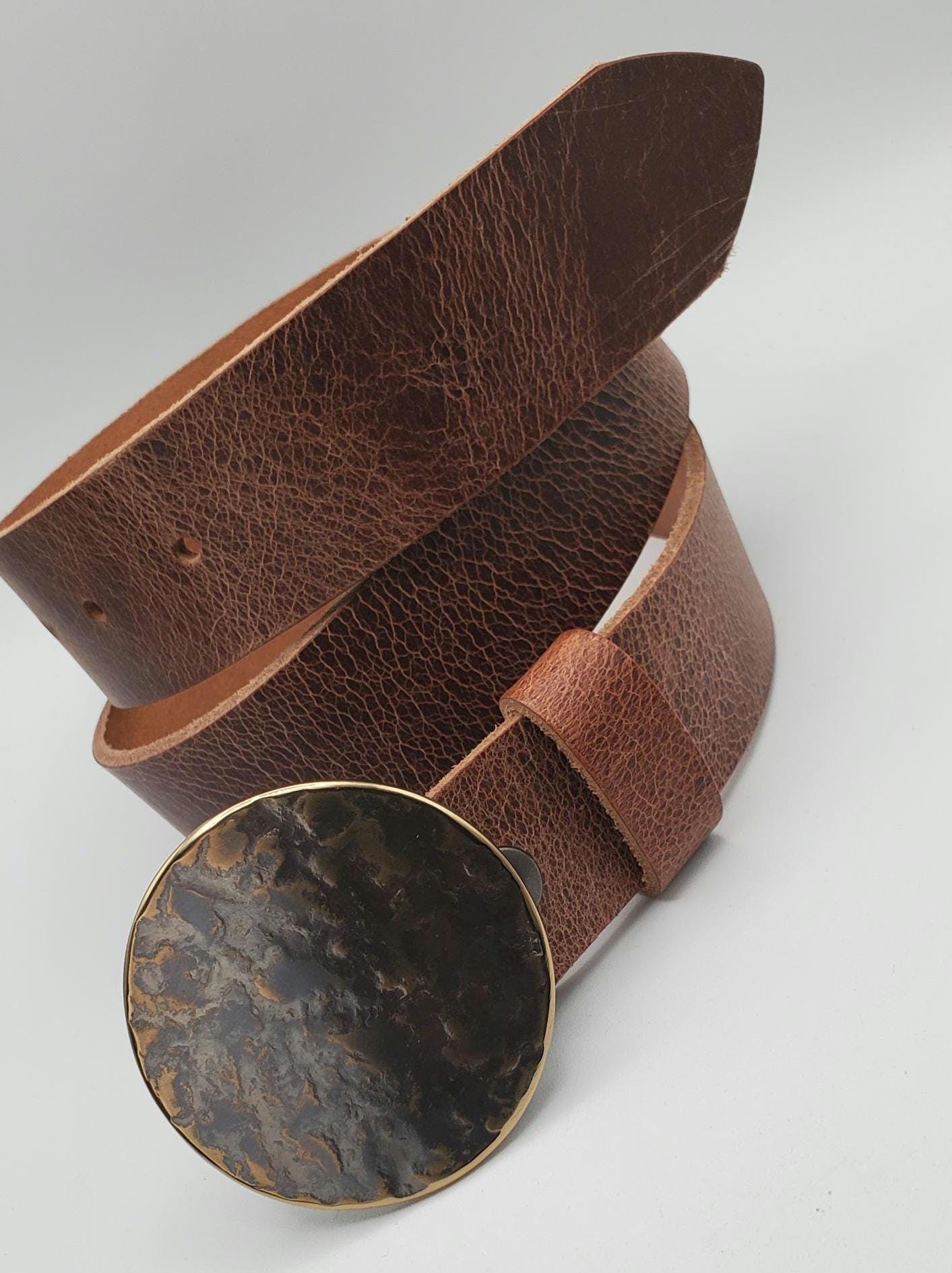 Round Coat Belt & Buckle Hand Forged Buckle Hypoallergenic Stainless Steel Buckle Dress Buckle with Leather Belt