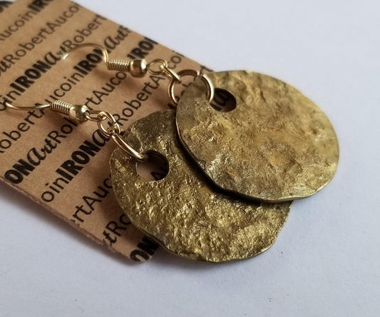 Brass Earrings Anvil Textured Hammered Ancient Gold Shepherd Hook Earrings w/ Bag Light Gold Earrings & Bag Stocking Stuffers Unisex Gifts