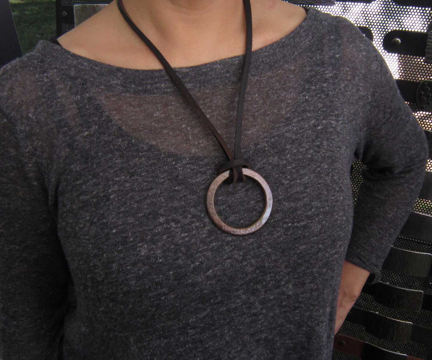 Brass Pendant Hand Forged Circle Pendant Unisex Jewelry Bohemian Necklace 1.5" d w/ Burlap or Velvet Bag Beige, Black or Brown Leather Strap