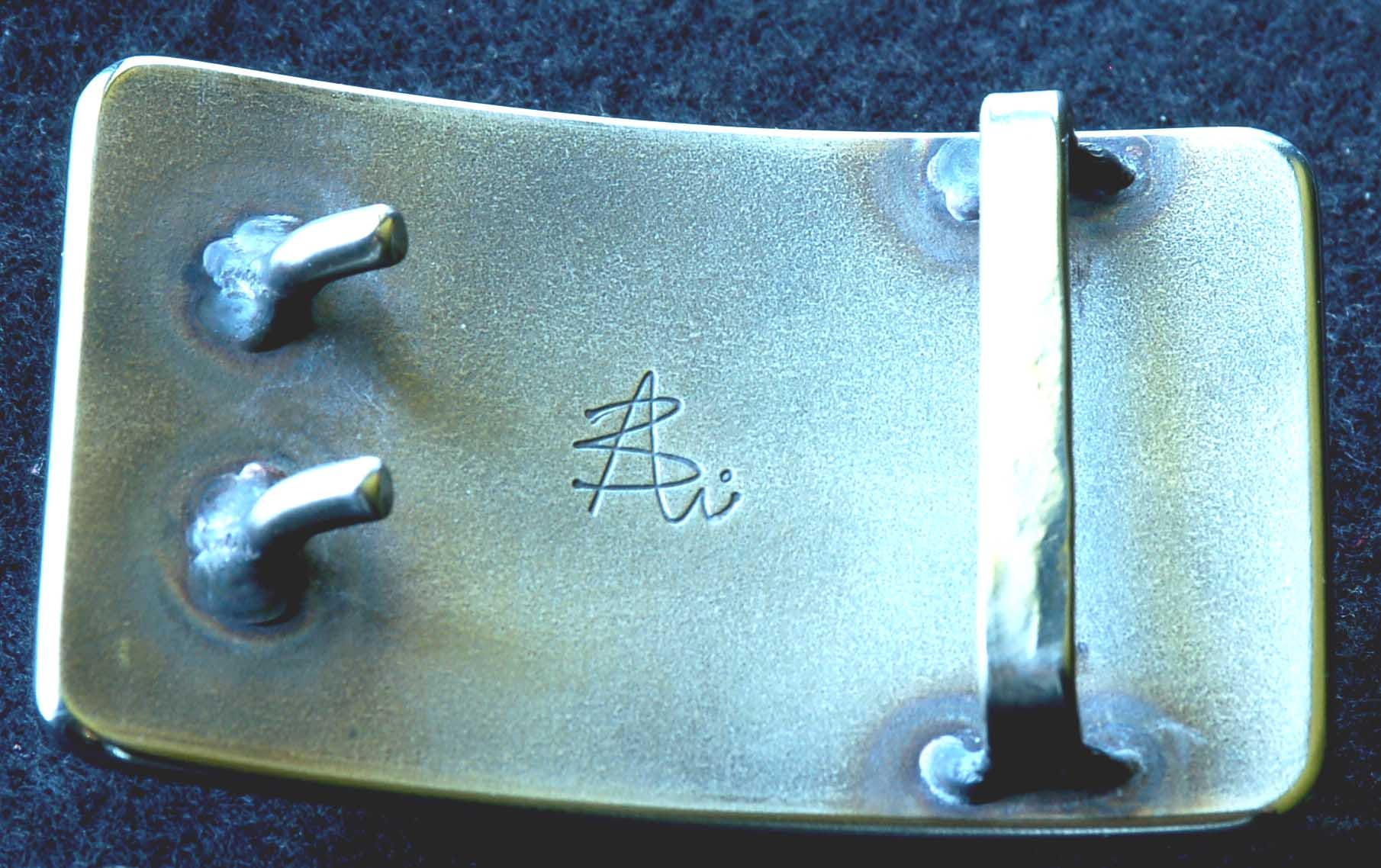 1-3/4" Two Prong Buckle & Belt Set Bronze, Silver Woodgrain Buckle and Belt for Jeans Signed Original Hypoallergenic Buckle w/ 1.75" Belt