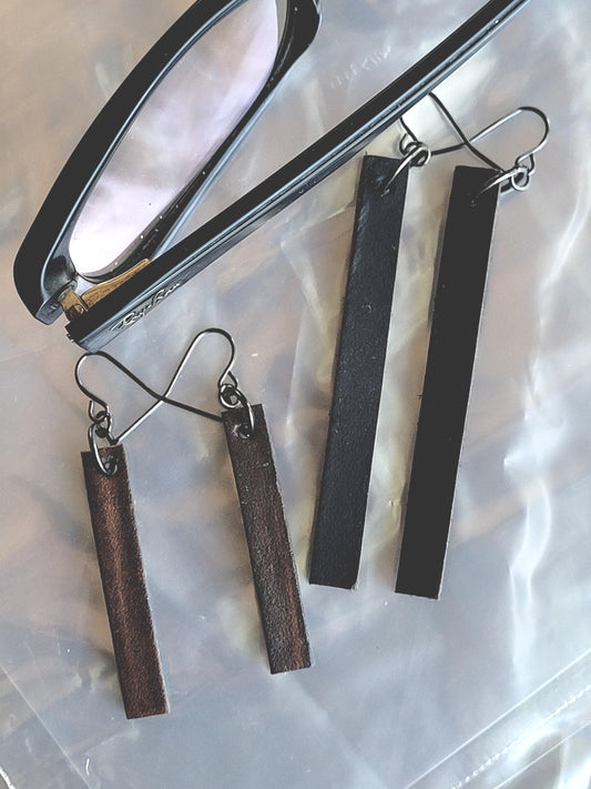 Leather Earring Sets, Two Sets, Charcoal Woodgrain with Bronze Hooks & Long Black Leather Earrings with Dark Bronze Hooks, Gift Bag Included