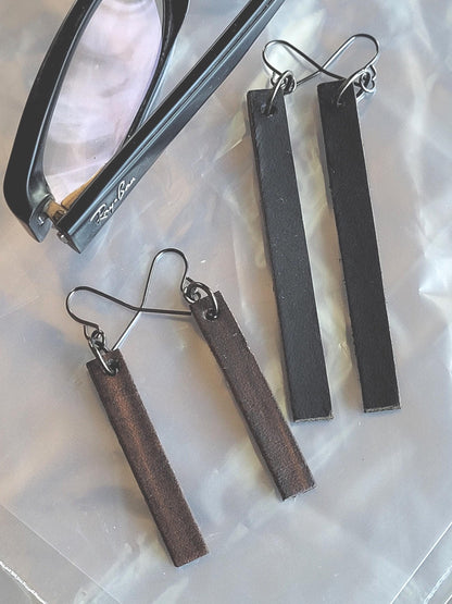 Leather Earring Sets, Two Sets, Charcoal Woodgrain with Bronze Hooks & Long Black Leather Earrings with Dark Bronze Hooks, Gift Bag Included