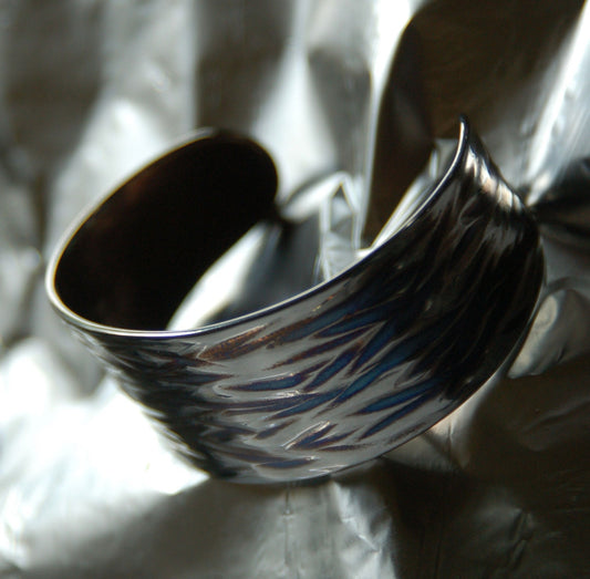 Unisex Cuff Hypoallergenic Cuff Silver & Blue Wave Stainless Steel Bracelet Wrist Cuff ANVIL Textured Hand Forged Cuff Signed by Artist