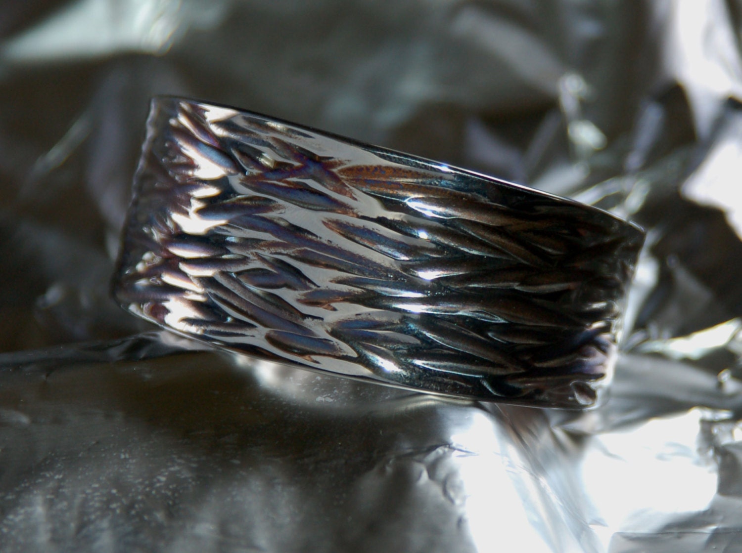 Unisex Cuff Hypoallergenic Cuff Silver & Blue Wave Stainless Steel Bracelet Wrist Cuff ANVIL Textured Hand Forged Cuff Signed by Artist