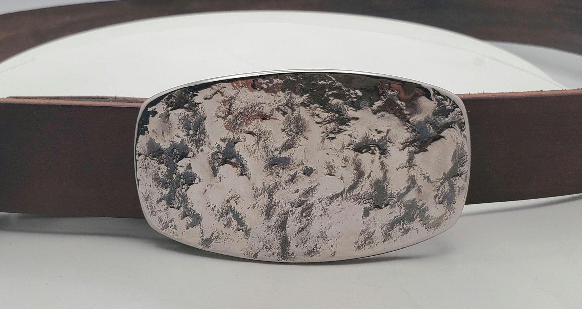Hand Forged Buckle with Hand Dyed Brown/Slate Belt - Silver/Slate Buckle with Hand Dyed Slate/Brown 1-1/4" Wide Belt