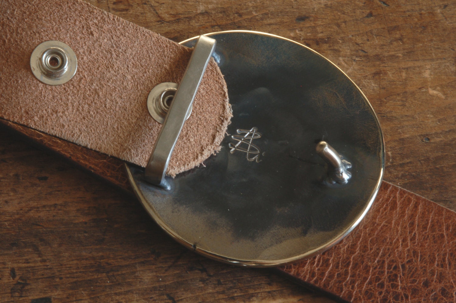 Round Coat Belt & Buckle Hand Forged Buckle Hypoallergenic Stainless Steel Buckle Dress Buckle with Leather Belt