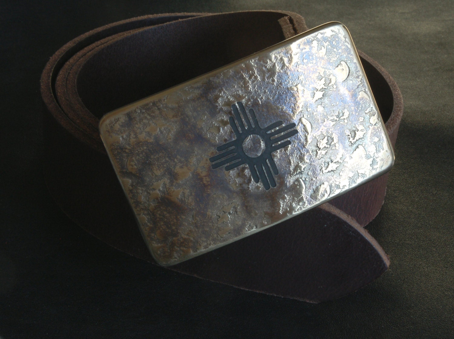 Zia Belt Buckle Etched Jean Buckle Hand Forged Buckle New Mexico Buckle Zia Buckle Accessory Buckle fits 1.5" Leather Belt for Jeans