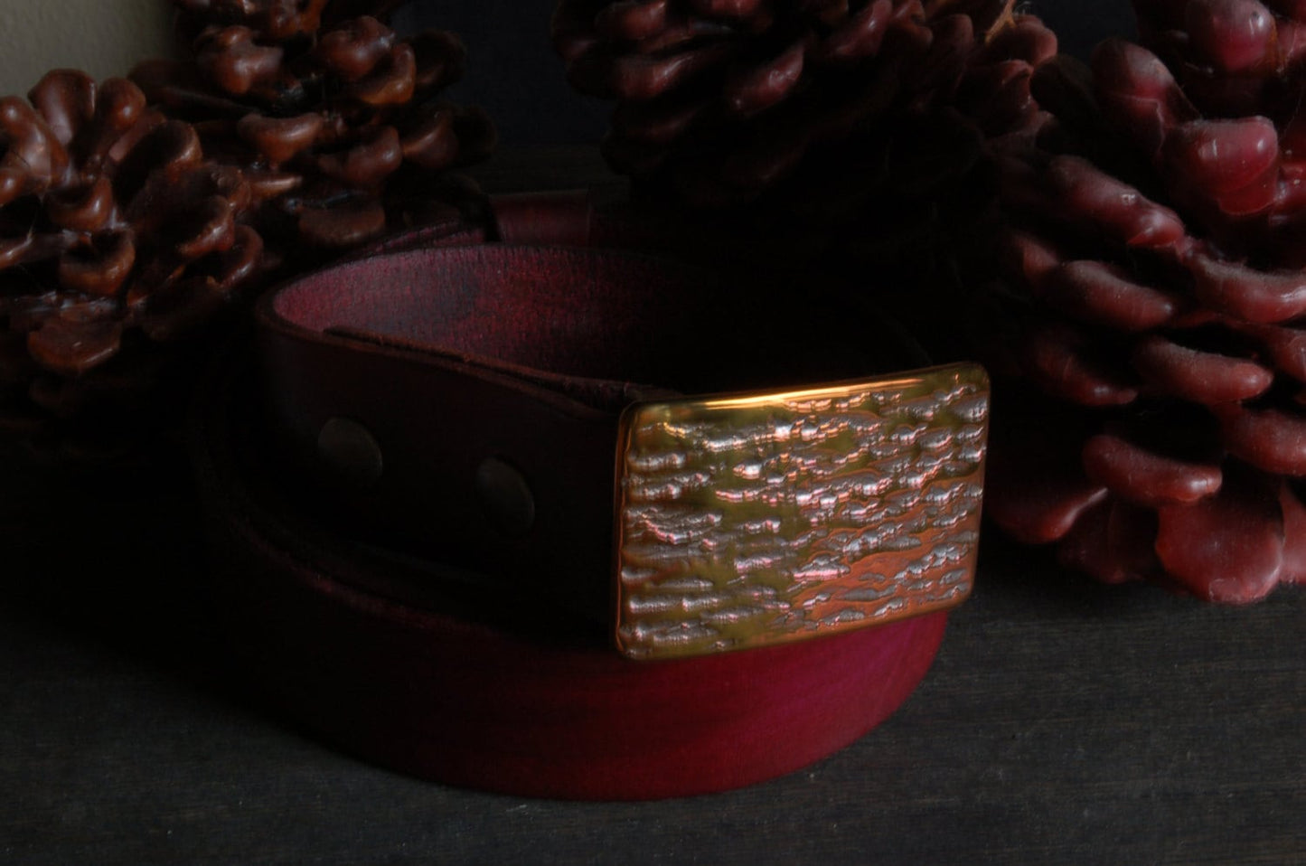 Belt & Buckle SET, Plum Gold, Anvil Texture, Unisex, Suit Belt Buckle, Hypoallergenic Accessory, 1.25" Hand Dyed Plum Leather Belt for Suit