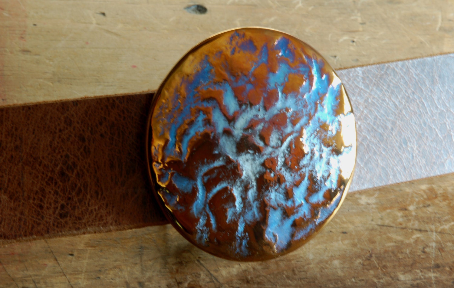Round Belt Buckle Hand Forged Stainless Steel Fits 1.5" Belt Signed Original Hypoallergenic Unisex Buckle Gold, Orange, Blue