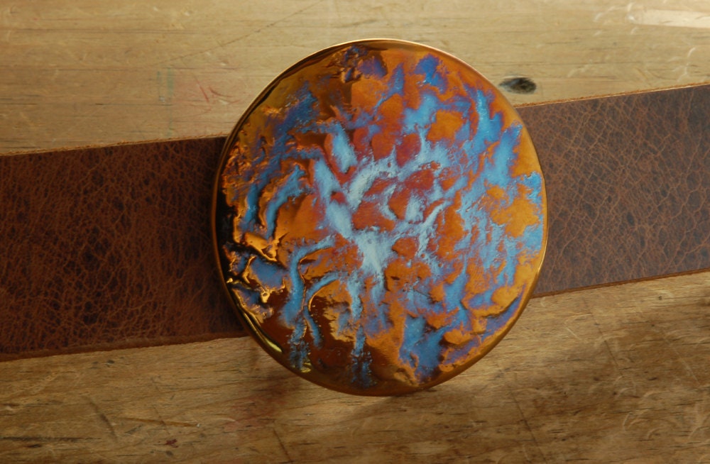 Round Belt Buckle Hand Forged Stainless Steel Fits 1.5" Belt Signed Original Hypoallergenic Unisex Buckle Gold, Orange, Blue