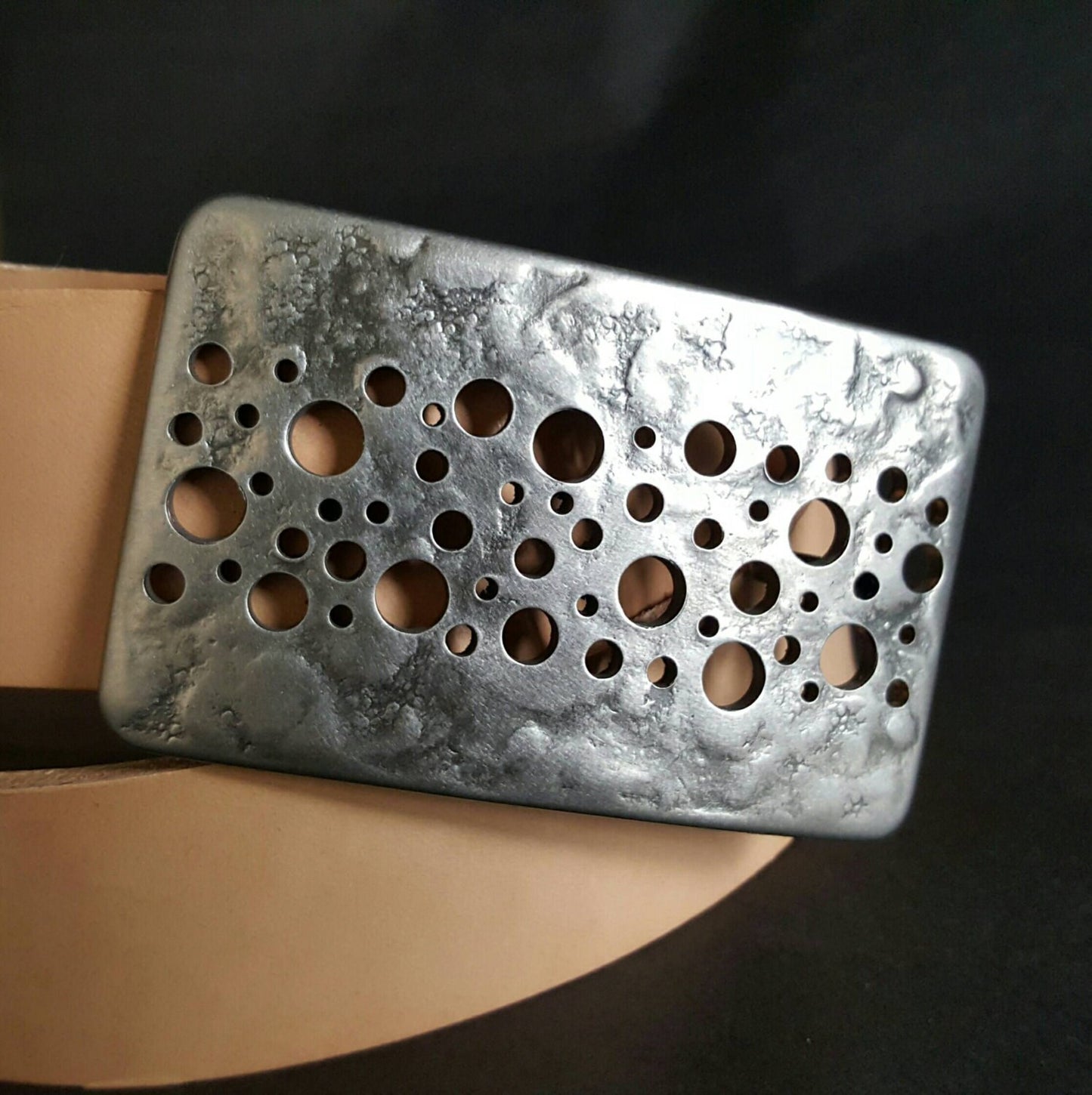 Confetti Belt & Buckle Handcrafted Hypoallergenic Blue Jean Belt Buckle and 1.5" Leather Belt Hand Forged Unisex Silver Stainless Steel