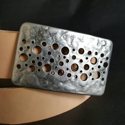 Confetti Belt & Buckle Handcrafted Hypoallergenic Jean Belt Buckle and 1.5" 2 Prong Leather Belt Hand Forged Unisex Silver Stainless Steel