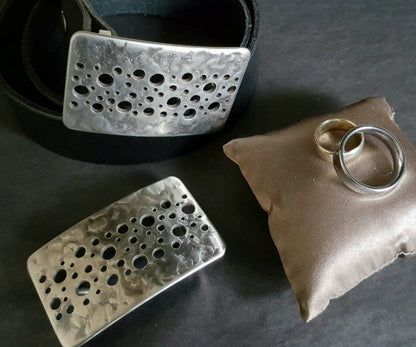 Confetti Belt & Buckle Handcrafted Hypoallergenic Blue Jean Belt Buckle and 1.5" Leather Belt Hand Forged Unisex Silver Stainless Steel