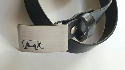 Personalized Belt & Buckle Set African Safari Etched Hippo Zebra Customized Design Your Buckle w/ 1-1/4" Wide Leather Belt with Snaps