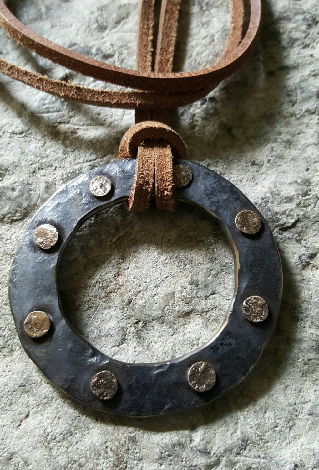 Pendant, Bronze Hand Forged Circle Pendant, Rustic Jewelry, Necklace 2.5" d, Stainless Steel, Bronze & Leather Strap, Unisex Pirate Gifts,