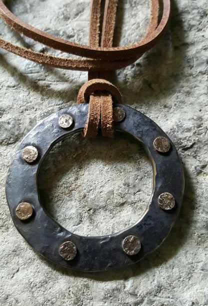 Pendant, Bronze Hand Forged Circle Pendant, Rustic Jewelry, Necklace 2.5" d, Stainless Steel, Bronze & Leather Strap, Unisex Pirate Gifts,