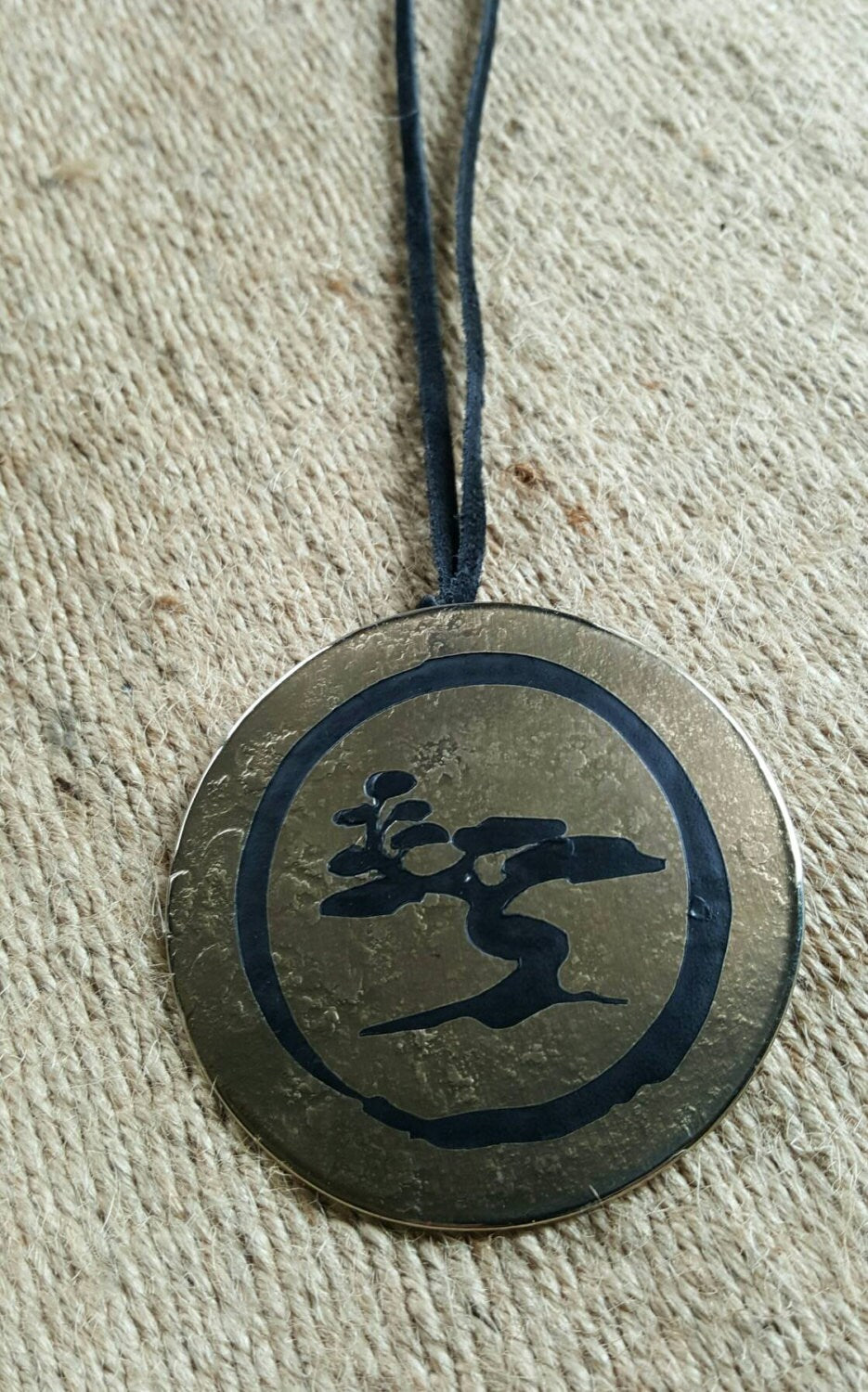 Etched African Tree, Pendant Necklace, Stainless Steel, Bronze & Black Personalized Necklace Hand Forged Signed Original with Leather Strap