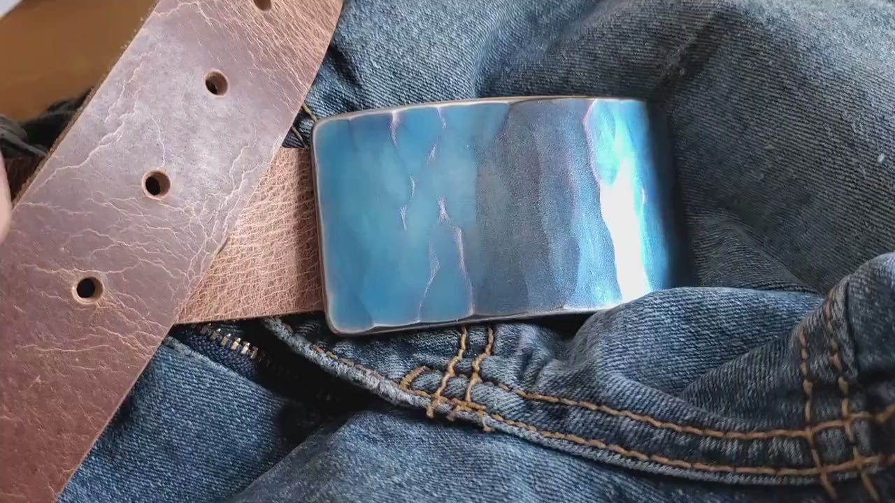 Belt Buckle, Blue Jean Buckle, Hand Forged, Woodgrain Hypoallergenic Accessories for Jeans, Chinos, Workwear, Weddings, Boardroom, Beachwear