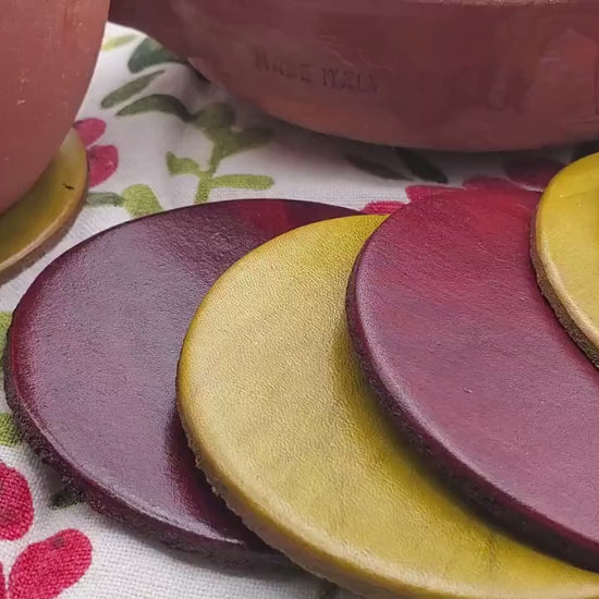 Funky Leather Coasters Set Four Leather Coasters Lots Of Colours Hand-Dyed Leather Anniversary Gift Housewarming Hostess Gift Leatherware