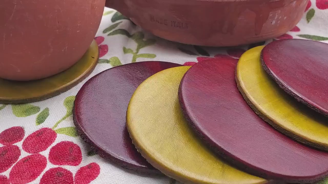 Funky Leather Coasters Set Four Leather Coasters Lots Of Colours Hand-Dyed Leather Anniversary Gift Housewarming Hostess Gift Leatherware