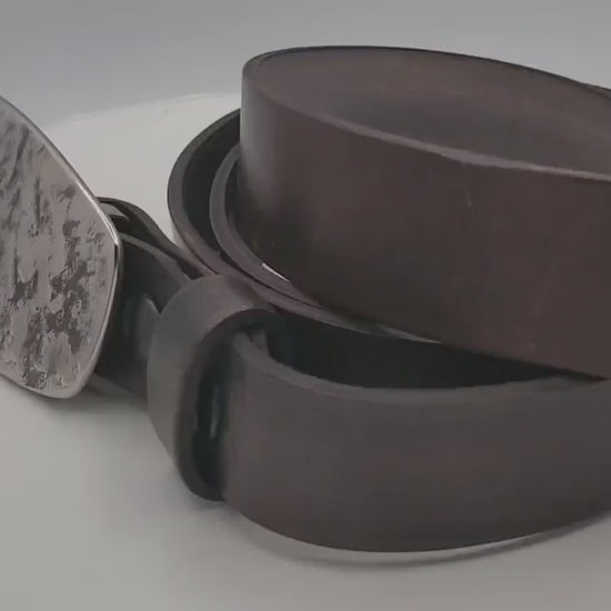 Hand Forged Buckle with Hand Dyed Brown/Slate Belt - Silver/Slate Buckle with Hand Dyed Slate/Brown 1-1/4" Wide Belt