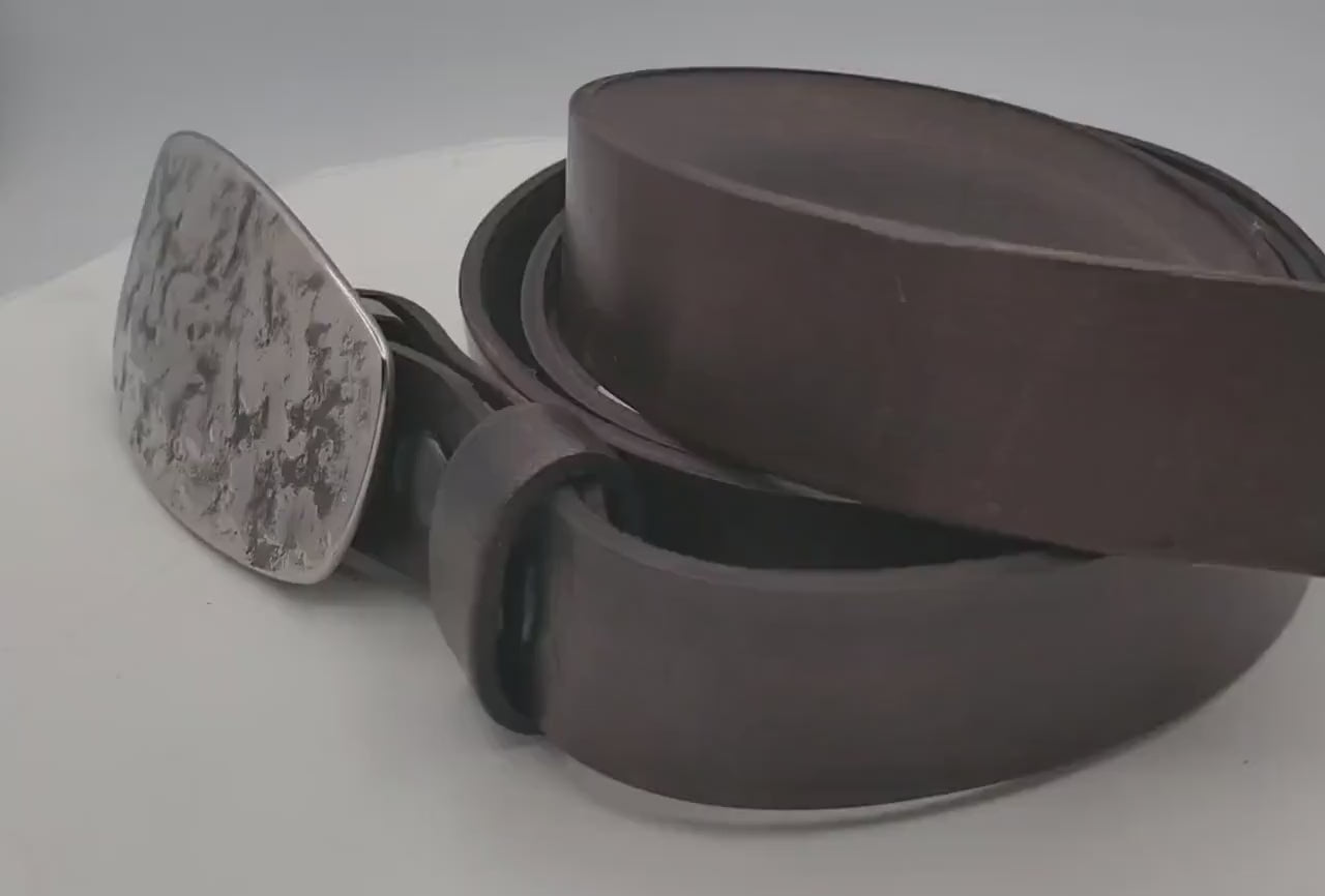 Hand Forged Buckle with Hand Dyed Brown/Slate Belt - Silver/Slate Buckle with Hand Dyed Slate/Brown 1-1/4" Wide Belt