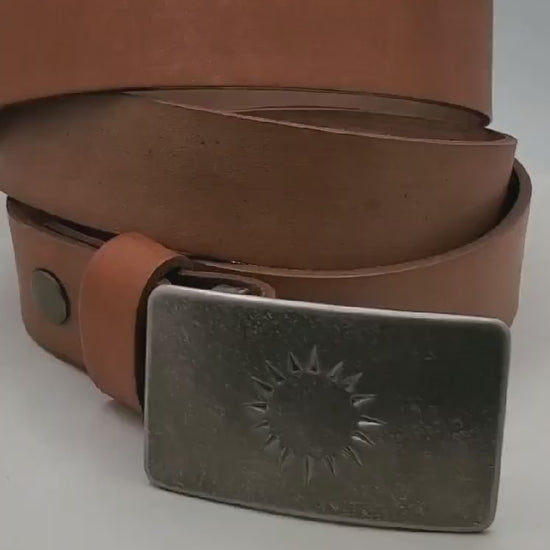 Hand Forged Sun Buckle with Sand Hand Dyed Belt 1-1/4" Suit Belt & Signed Golden Sun Buckle