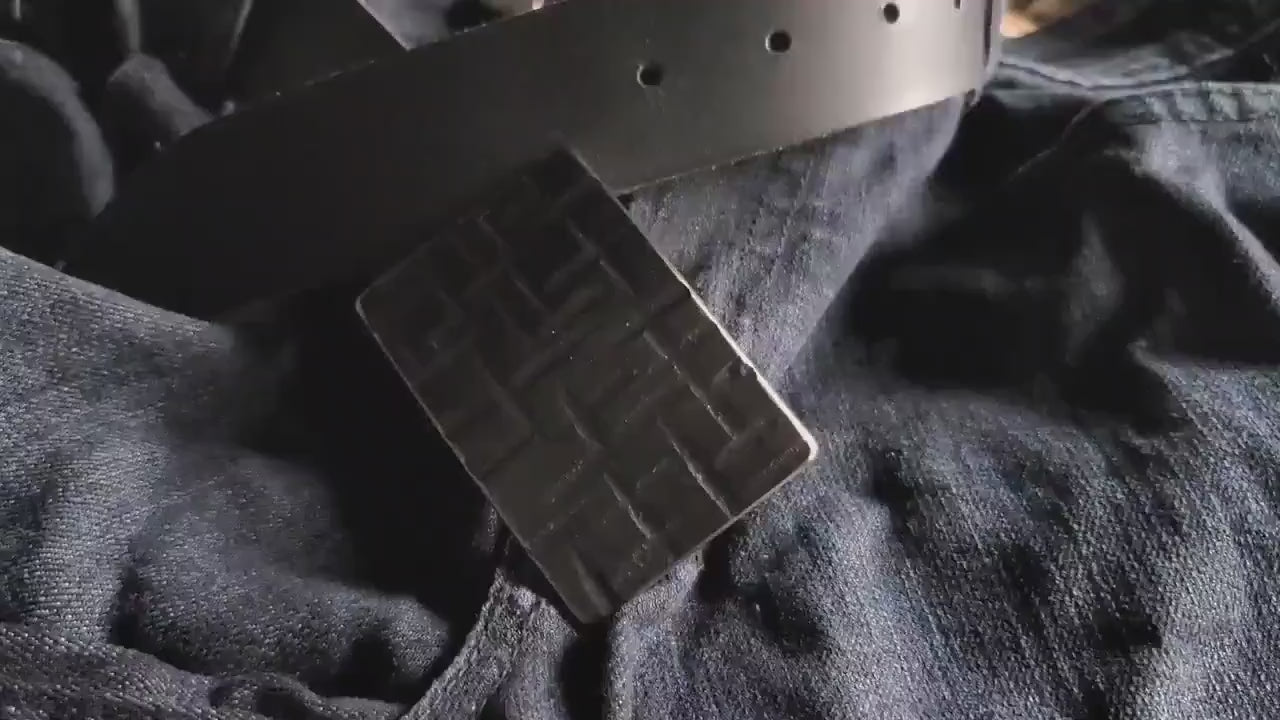 Buckle & Belt Set Black Buckle Blue Jean Belt Buckle Set Hand Forged Stainless Steel Buckle w/ Snap Leather Belt 5 Belt Colour Choices