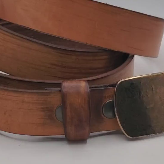 Suit Buckle & Belt - Hand Forged Buckle with Hand Dyed Tan Belt 1-1/4" Wide Belt and Stainless Steel Buckle