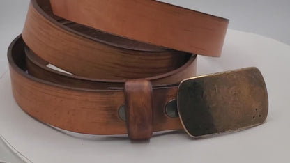 Suit Buckle & Belt - Hand Forged Buckle with Hand Dyed Tan Belt 1-1/4" Wide Belt and Stainless Steel Buckle